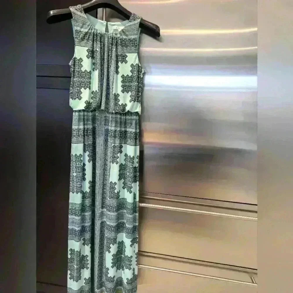 Women's Cleo Sleeveless Green Geometric Maxi Dress - size 4 like new - Picture 2 of 6